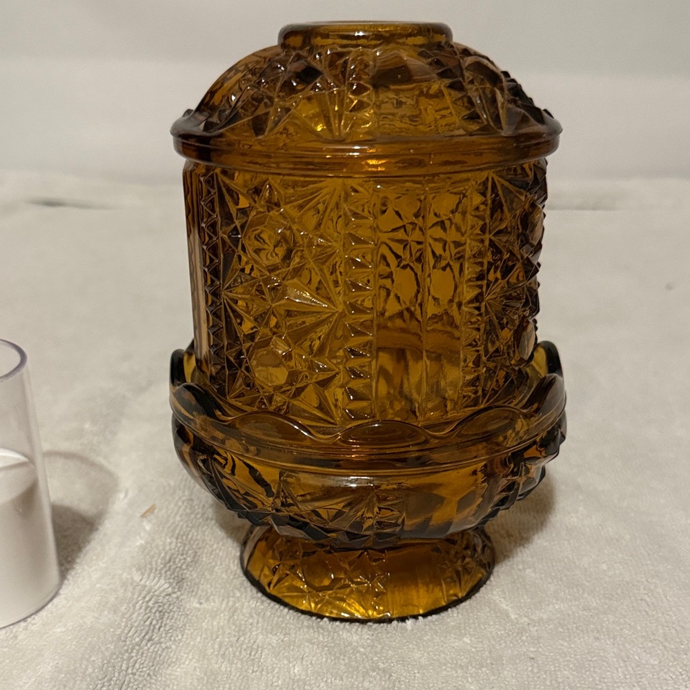 Indiana Glass Fairy Lamp Amber Stars and Bars Vintage Candle Holder